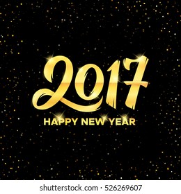 Happy New Year 2017 gold calligraphic text on black background with confetti texture. Greeting card design with lettering for winter holidays. Vector illustration