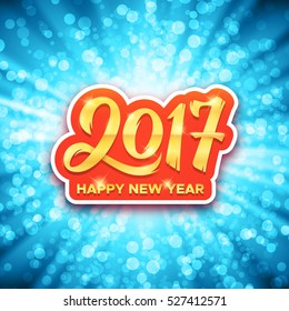 Happy New Year 2017 gold calligraphic text on blue glowing background with bokeh and rays. Greeting card design with typography for winter holidays. Vector illustration