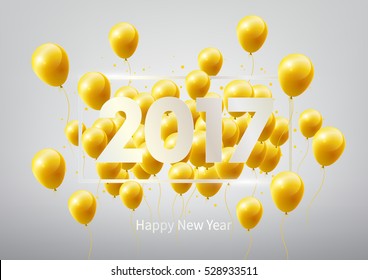 Happy New Year 2017 with gold balloons, vector illustration.