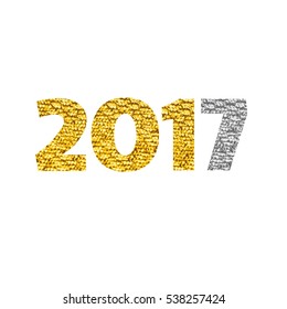 Happy New Year 2017  Gold and Silver Textured Numbers isolated on white background. Image for Merry Christmas Design. Art Vector Illustration.