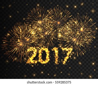 Happy New Year 2017 gold firework background. Greeting card with particle. Yellow invitation overlay template. Vector illustration eps10