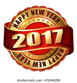 Happy New Year 2017 golden label and stamp.
Vector illustration.