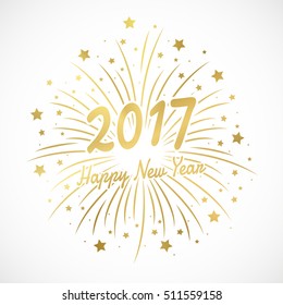 Happy new year 2017 in golden font design and fireworks on white color background (vector)