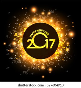 Happy New Year 2017 Golden Greeting Card with glitter gold letters. Holiday design. Vector illustration. Party poster, greeting card, banner or invitation. Number 2017 formed by glowing gold dust