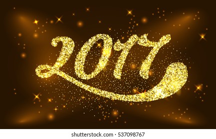 Happy New Year 2017 Golden Greeting Card with glitter gold letters. Holiday design. Vector illustration. Party poster, greeting card, banner or invitation. Number 2017 formed by glowing gold dust 