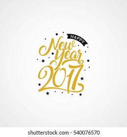 Happy New Year 2017 golden typography on white background. Greeting card design with hand lettering inscription for winter holidays. Vector Illustration