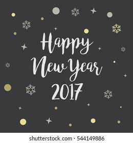 Happy New Year 2017 golden Letter with glitter  christmas snowflake Vector greeting illustration.