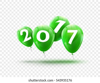 Happy New Year 2017 green balloons design. Greeting card with green balloons celebration decoration on transparent.