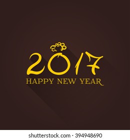 Happy new year 2017, greeting text, rooster head above text, symbol of the year