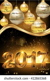Happy New Year 2017 greeting card, card with message in many languages: English, French, Italian, German and Spanish. Contains jingle bells, and Christmas baubles