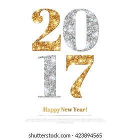 Happy New Year 2017 Greeting Card with Gold and Silver Numbers. Vector Illustration. Merry Christmas Flyer, Brochure Cover, Poster. Minimalistic Invitation Design.