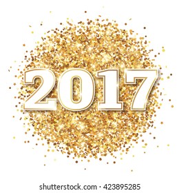 Happy New Year 2017 Greeting Card with Numbers on White Background. Vector Illustration. Merry Christmas Design. Golden Dust Explosion. Gold Firework