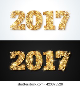 Happy New Year 2017 Greeting Cards with Gold Numbers on White and Black Background. Vector Illustration. Merry Christmas Flyer, Brochure Cover, Poster. Minimalistic Invitation Design.