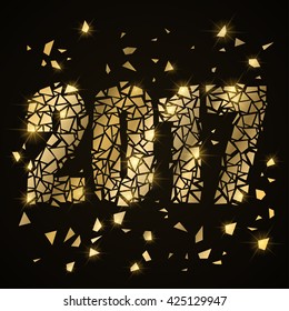 Happy New Year 2017 greeting or invitation card. Gold numbers on black background. Vector illustration. Merry Christmas banner. 