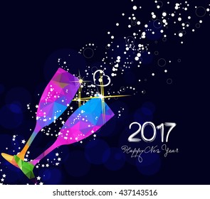 Happy new year 2017 greeting card or poster design with colorful triangle glass