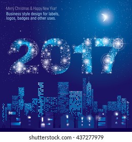 Happy New Year 2017 greeting card. City Lights. Vector illustration of city with lighting windows, the moon, trees, lamps and houses in winter time. Holidays concept.