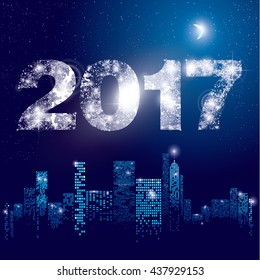 Happy New Year 2017 greeting card. City Lights. Vector illustration of city with lighting windows, the moon, trees, lamps and houses in winter time. Holidays concept.