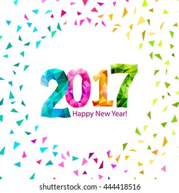 Happy New Year 2017 greeting card with colorful triangle shape multicolor confetti. Vector.