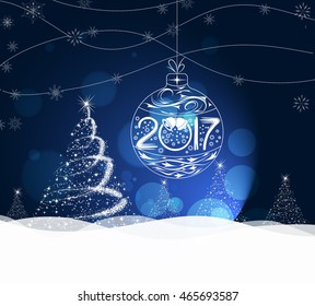 Happy New Year 2017 greeting card. Snowflake background