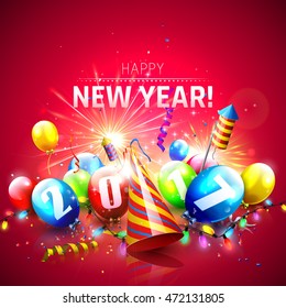 Happy New Year 2017 - Greeting card with colorful balloons,lights and fireworks on red background