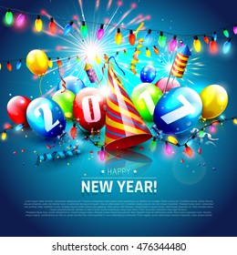 Happy New Year 2017 - Greeting card with colorful balloons,lights and fireworks on blue background