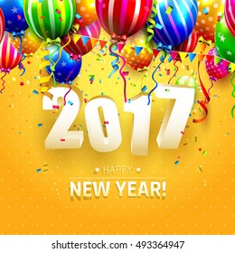 Happy New Year 2017 - greeting card with colorful balloons and 3D numbers on orange background