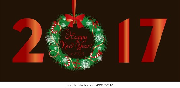 Happy New Year 2017 greeting with hanging xmas wreath and numbers
