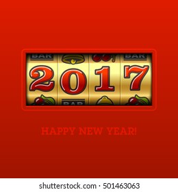 Happy New Year 2017 greeting card with slot machine and lucky 2017 figures, casino theme. Vector illustration. 