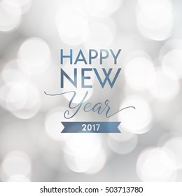 Happy New Year 2017 greeting card. Typographic vector design, beautiful white bokeh background.