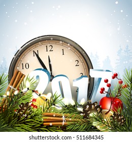 Happy New Year 2017 - greeting card with traditional decorations, clocks and 3D numbers in front of winter landscape