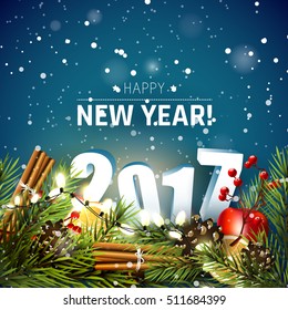 Happy New Year 2017 - greeting card with traditional decorations and 3D numbers on blue background