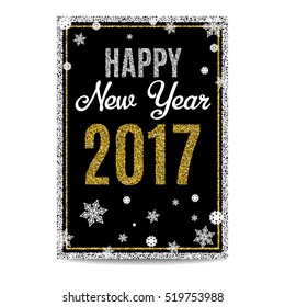 Happy New Year 2017 greeting card. Black background. Golden and silver text. Snowflakes and frames. Glitter sequins. Flyer and banner design template. Vector EPS10 illustration.