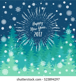 Happy New Year 2017 greeting card. Vector winter holidays backgrounds with starburst, hand lettering calligraphic, snowflakes, trees, falling snow.