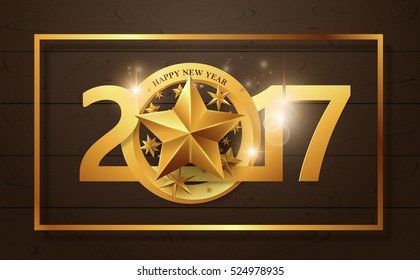 Happy New year 2017 greeting card background with gold star. Vector illustration.Wallpaper.New year eve.flyers, invitation, posters, brochure, banners, calendar