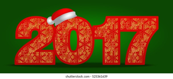 Happy New Year 2017 greeting card. Numbers with santa hat and Snowflake. New year vector font
