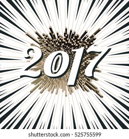 Happy new year 2017 greeting number with geometric fireworks on directional speed line background