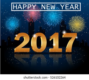 Happy New Year 2017 greeting card. City Lights. Vector illustration 