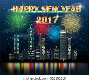 Happy New Year 2017 greeting card. City Lights. Vector illustration 