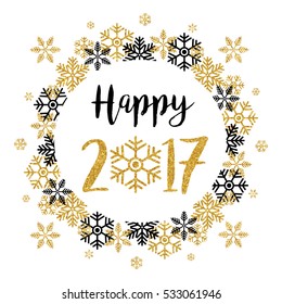 Happy New Year 2017 greeting illustration with hand written calligraphic text and  trendy gold glitter numbers and snowflakes. Vector illustration