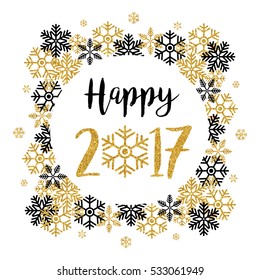 Happy New Year 2017 greeting illustration with hand written calligraphic text and  trendy gold glitter numbers and snowflakes. Vector illustration