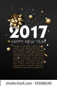 Happy New Year 2017 greeting card or poster template flyer or invitation design. Beautiful luxury holiday background with 3D golden gift bow. Vector Illustration.