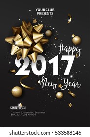 Happy New Year 2017 greeting card or poster template flyer or invitation design. Beautiful luxury holiday background with 3D golden gift bow. Vector Illustration.