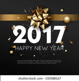 Happy New Year 2017 greeting card or poster template flyer or invitation design. Beautiful luxury holiday background with 3D golden gift bow. Vector Illustration.