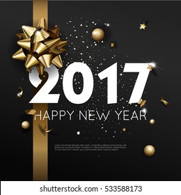 Happy New Year 2017 greeting card or poster template flyer or invitation design. Beautiful luxury holiday background with 3D golden gift bow. Vector Illustration.