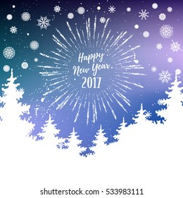 Happy New Year 2017 greeting card. Vector winter holiday shine blurred background with starburst, hand lettering calligraphic, snowflakes, trees, falling snow.