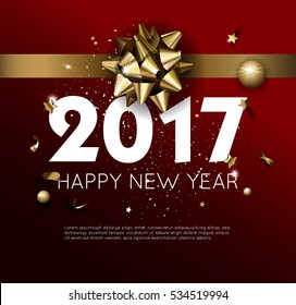 Happy New Year 2017 greeting card or poster template flyer or invitation design. Beautiful luxury holiday background with 3D golden gift bow. Vector Illustration.