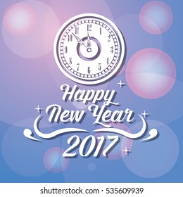 happy new year 2017 greeting card with clock lights background