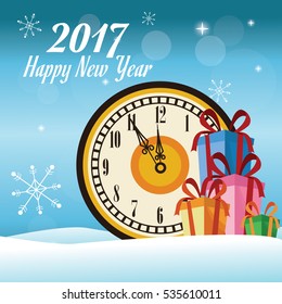 happy new year 2017 greeting card clock over snow gifts and snowflakes