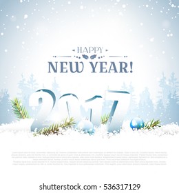 Happy New Year 2017 - greeting card with 3D numbers, baubles and branches in front of winter landscape