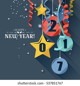 Happy New Year 2017 greeting card in flat design style